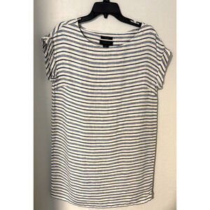 Tahari Womens Blue Stripe Size M 100% Linen Shift Dress Cap Sleeve